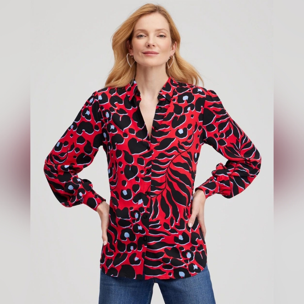 Chico's Red Black Twill Animal Print Button Down Tunic Top Women's Size 2.4 14